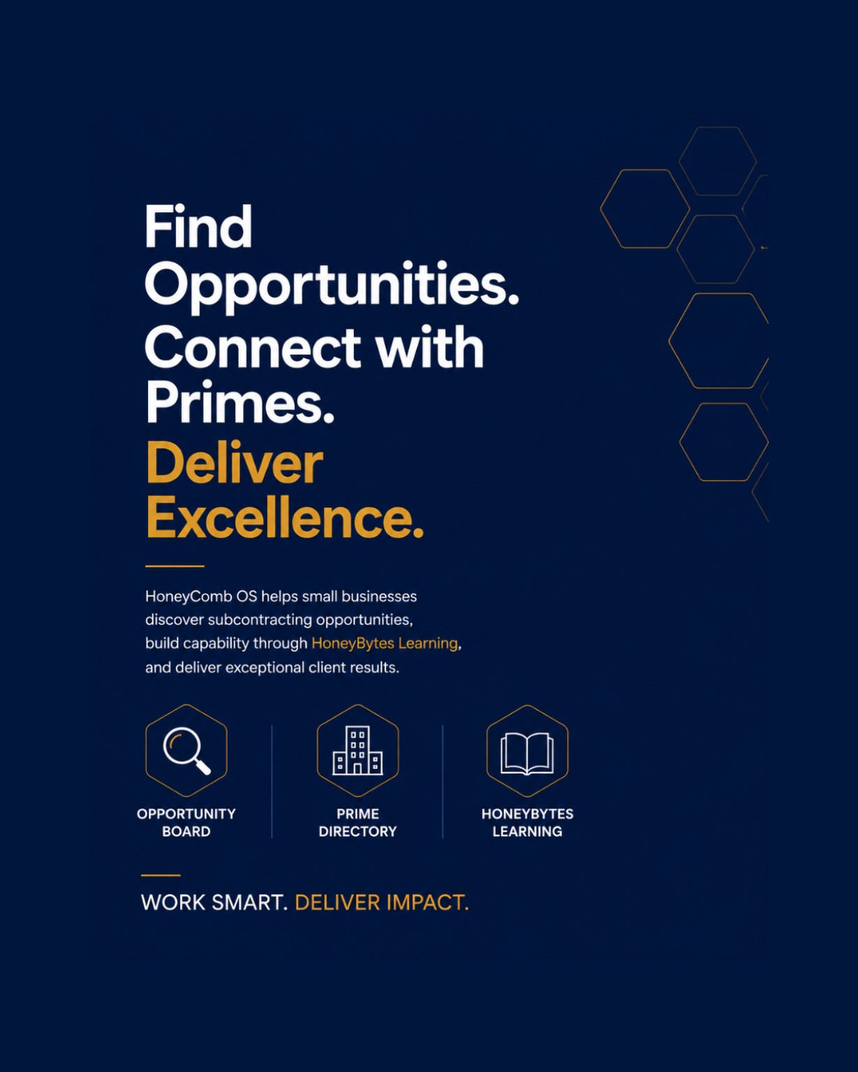 Find Opportunities. Connect with Primes. Deliver Excellence. HoneyComb OS overview.
